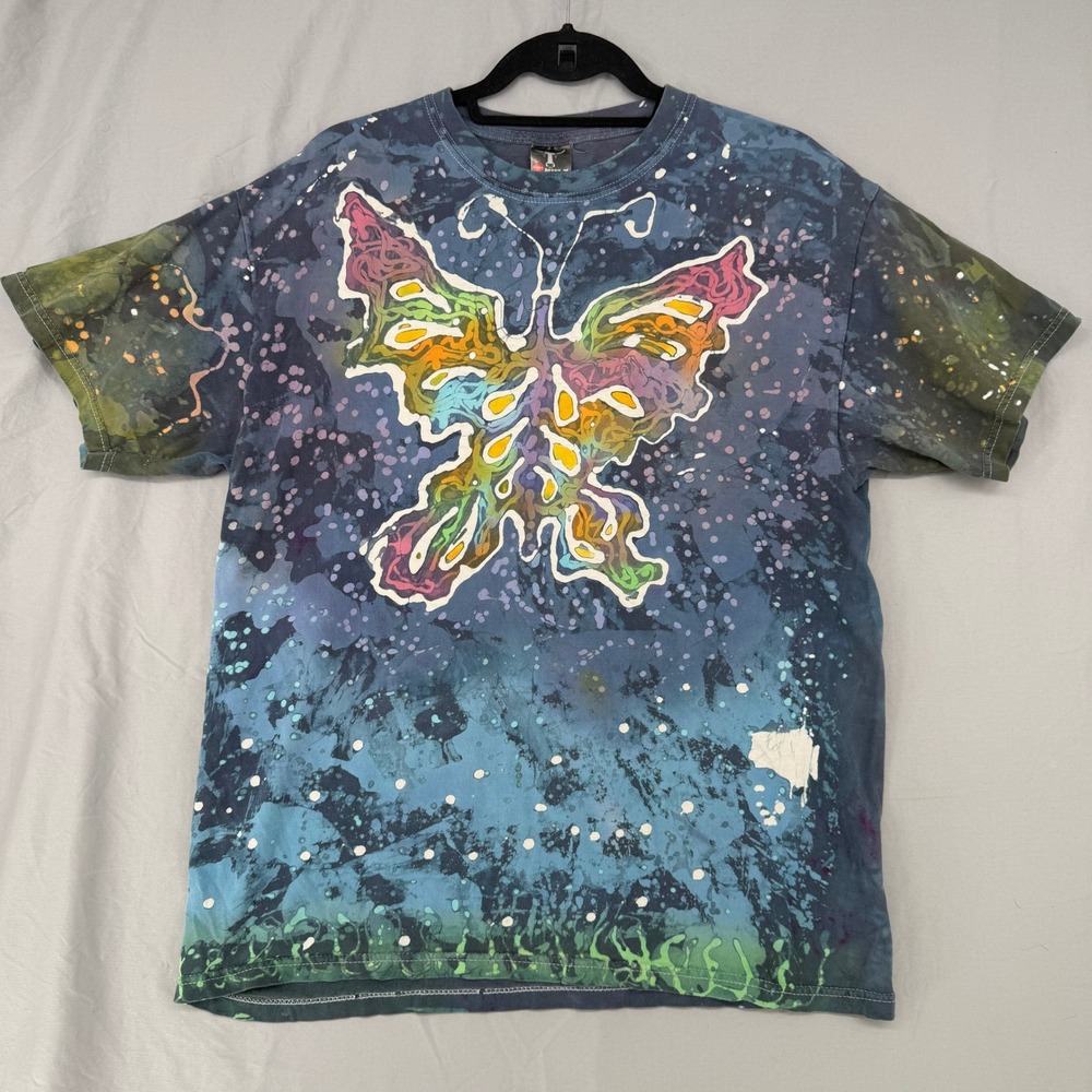 Hanes Beefy-T Butterfly Splatter‎ Paint Tie Dye Graphic T-Shirt Blue Mens Large